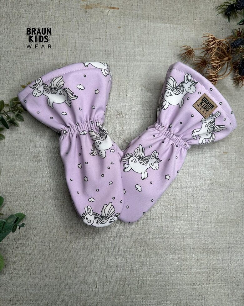 Starpsezonas softshell cimdi - gaiši violetie vienradži