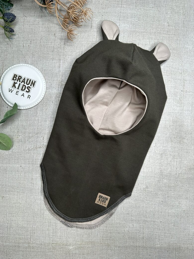 Starpsezonas ķivercepure ar lāča austiņām - Tumšs haki ar bēšu oderi 