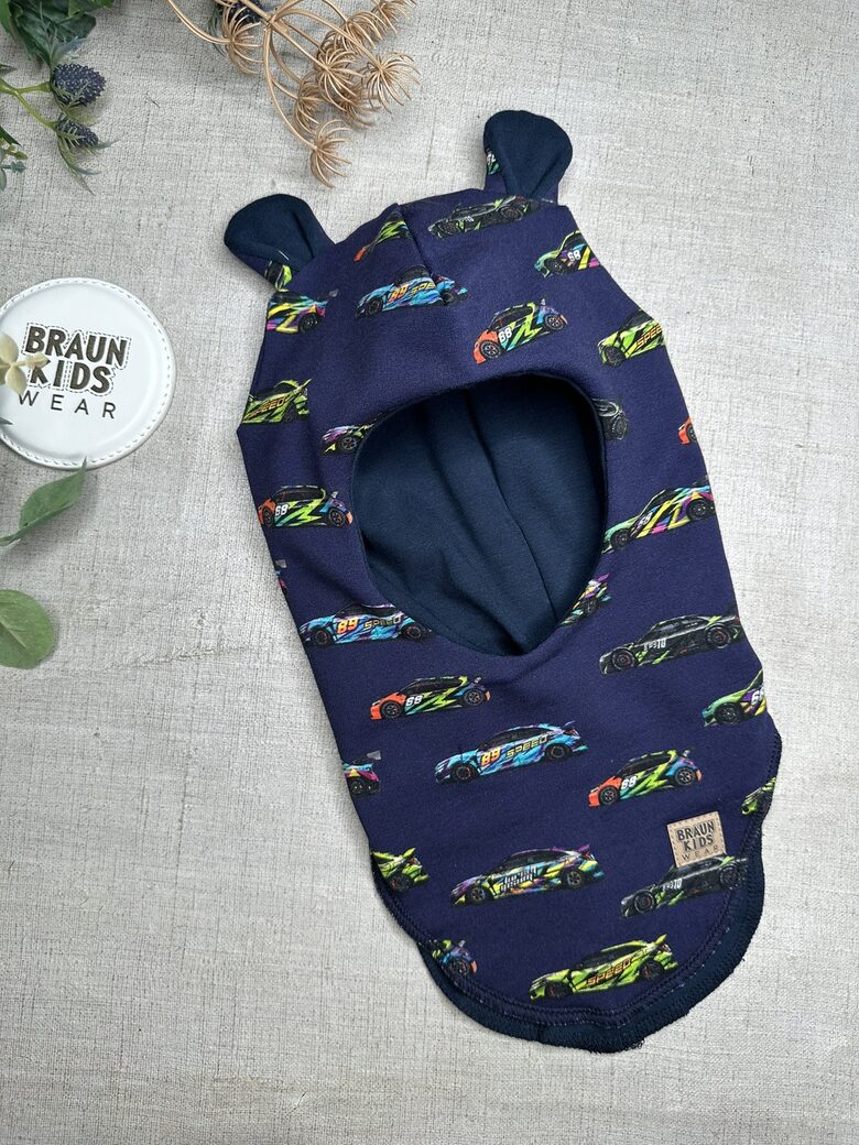 Starpsezonas ķivercepure ar lāča austiņām - auto ar zilu oderīti 