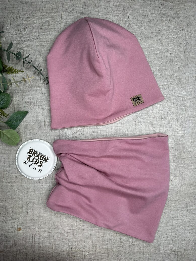 Starpsezonas beanie cepure + tuneļšalle Veci rozā 52-54.izm (Īsāka šalle ar papildus vīli)