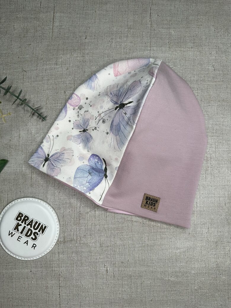 Starpsezonas beanie cepure -  Gaiši veci rozā un taureņi 52-54.izm