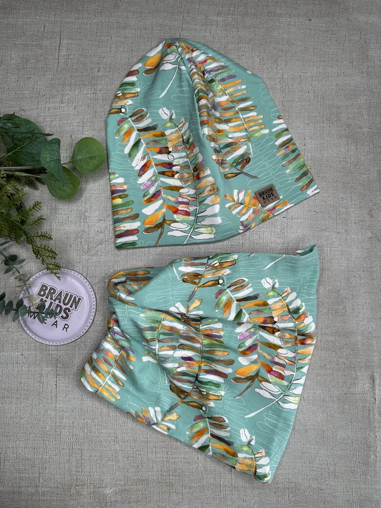 Starpsezonas beanie cepure + tuneļšalle - Lapiņas uz mint 52-54.izm