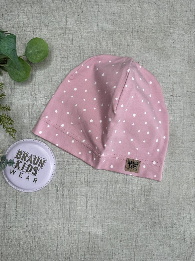 Plānais beanie (kokvilnas trikotāža vienā kārtā) - punktiņi uz veci rozā 52izm