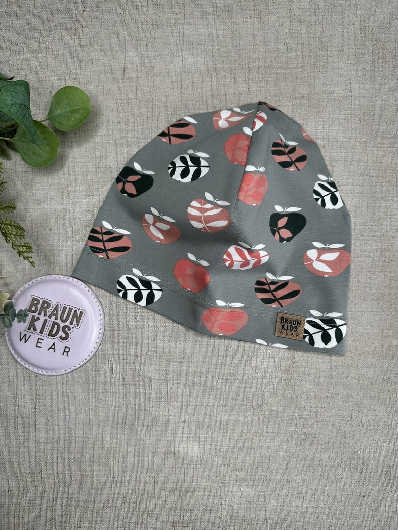 Plānais beanie (kokvilnas trikotāža vienā kārtā) - Ābolīši uz pelēka 54.izm