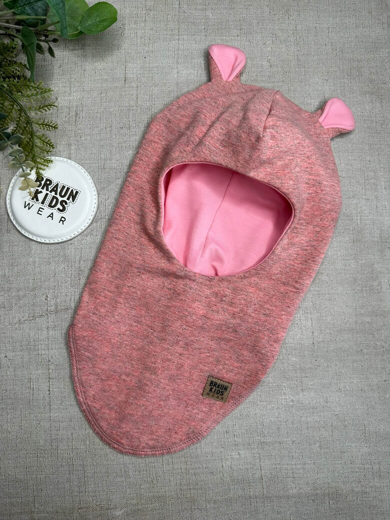 Starpsezonas ķivercepure ar lāča austiņām - Rozā melanža ar rozā oderīti 