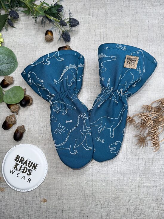 Ready-to-Ship Spring Autumn Softshell Mittens - Reflective Dino on Petrol