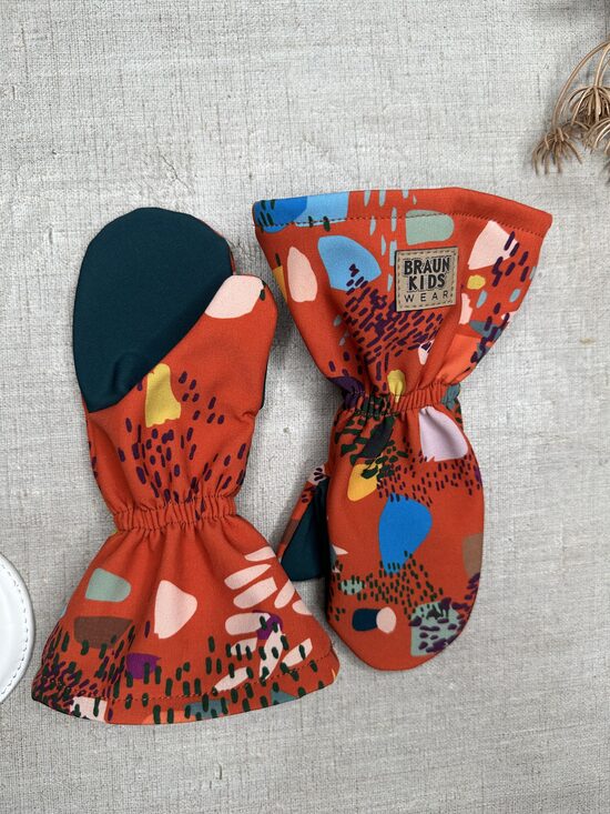 Ready-to-Ship Spring Autumn Softshell Mittens - Orange splash with petrol