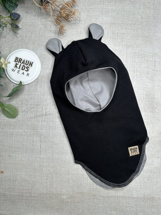 Starpsezonas ķivercepure ar lāča austiņām - Melna ar pelēku oderīti 