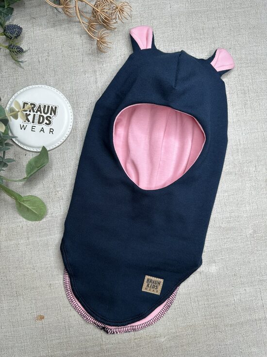 Starpsezonas ķivercepure ar lāča austiņām - Tumši zila ar rozā oderīti 