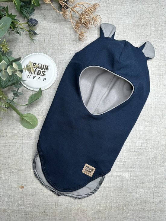 Starpsezonas ķivercepure ar lāča austiņām - Tumši zila ar pelēku oderīti