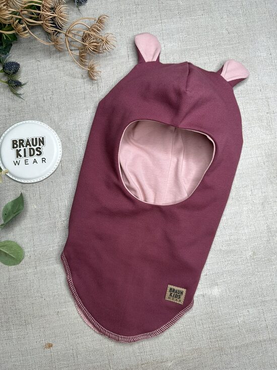 Starpsezonas ķivercepure ar lāča austiņām - Tumši veci rozā ar gaišāku oderīti 