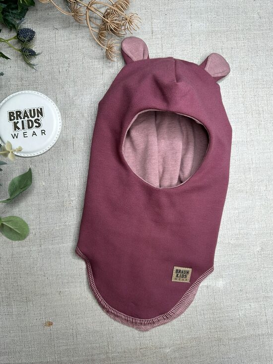 Starpsezonas ķivercepure ar lāča austiņām - Tumši veci rozā ar veci rozā melanža oderīti 