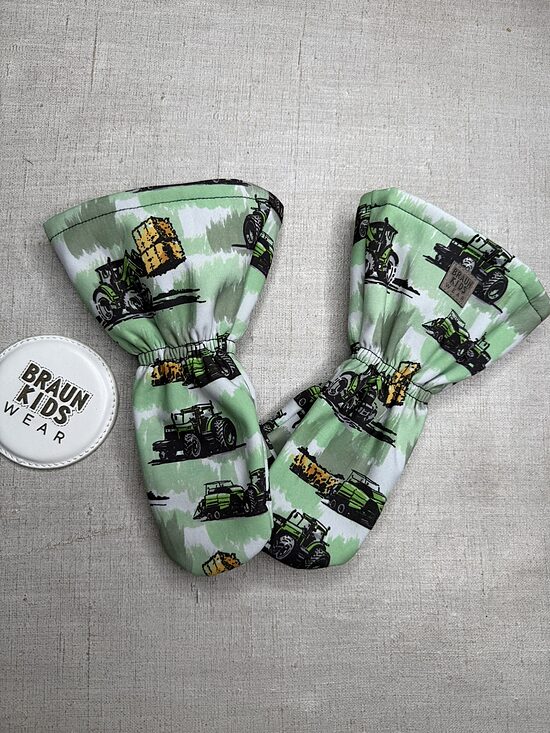 Ready-to-Ship Spring Autumn Softshell Mittens - Tractors on green