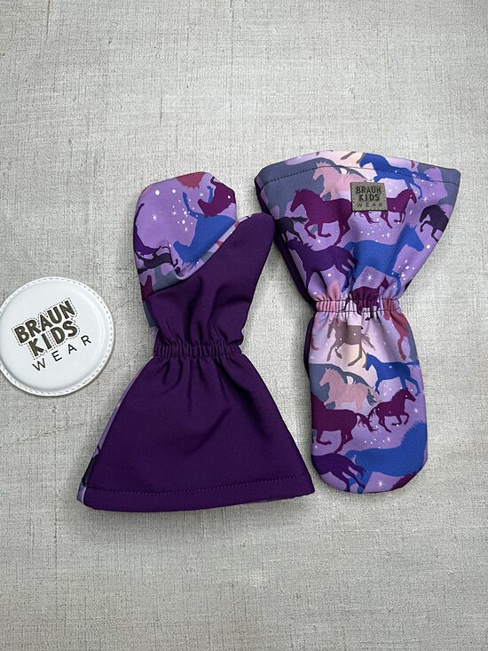 Ready-to-Ship Spring Autumn Softshell Mittens - Purple horses with dark purple