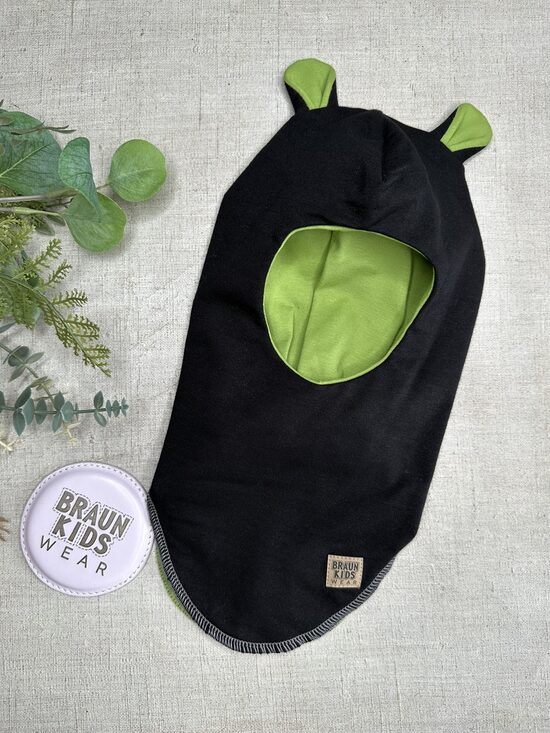 Starpsezonas ķivercepure ar lāča austiņām -Melna ar salatzaļu