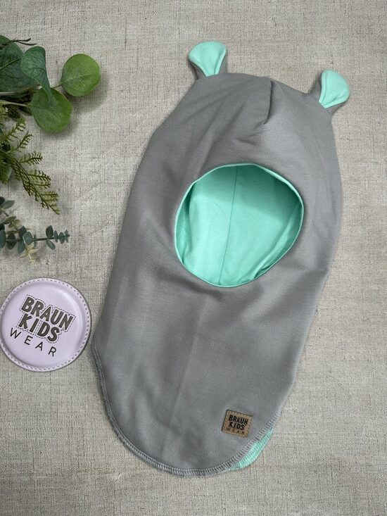 Starpsezonas ķivercepure ar lāča austiņām - Gaiši pelēka ar mint