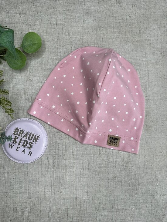 Plānais beanie (kokvilnas trikotāža vienā kārtā) - punktiņi uz veci rozā 52izm