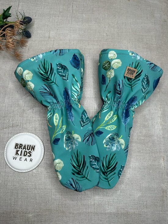 Ziemas softshell cimdi ar flīsa oderi -  Lapas uz tirkīza zaļa