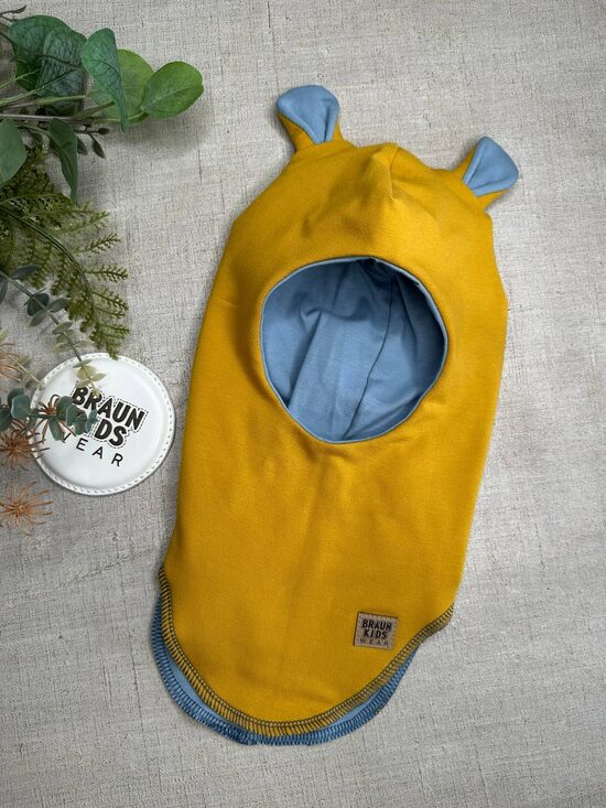 Starpsezonas ķivercepure ar lāča austiņām - Okera ar dūmakaini zilu oderi 