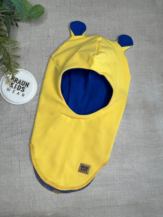 Starpsezonas ķivercepure ar lāča austiņām - Dzeltena ar kobalta oderi.