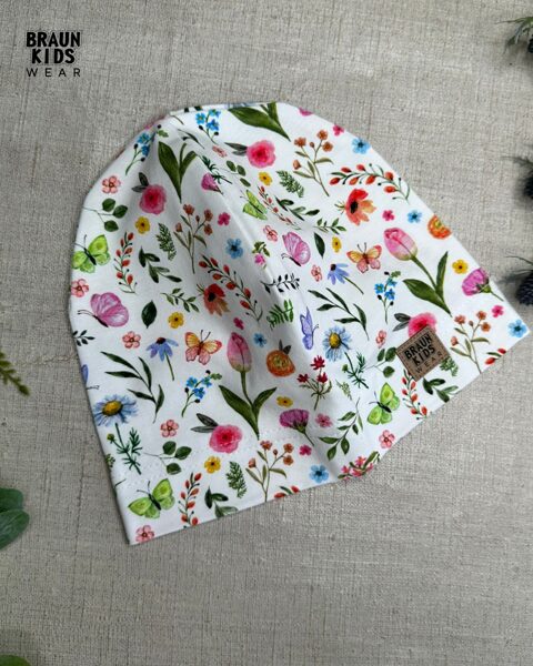 Plānais beanie (kokvilnas trikotāža vienā kārtā) - mazie ziediņi 50izm