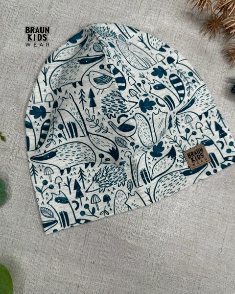 Plānais beanie (kokvilnas trikotāža vienā kārtā) - petrol meža zvēri uz pelēka melanža 48izm