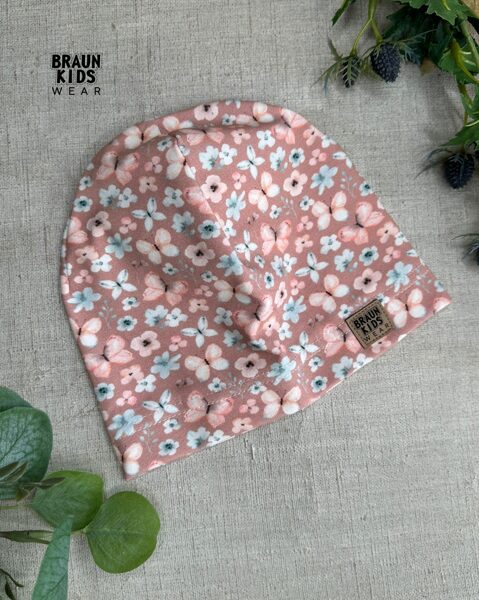 Plānais beanie (kokvilnas trikotāža vienā kārtā) - ziedi un taureņi 52izm