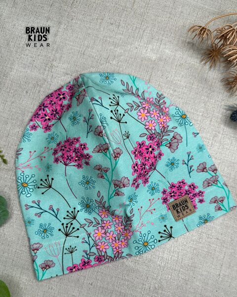 Plānais beanie (kokvilnas trikotāža vienā kārtā) - rozā ziedi uz mint 48izm