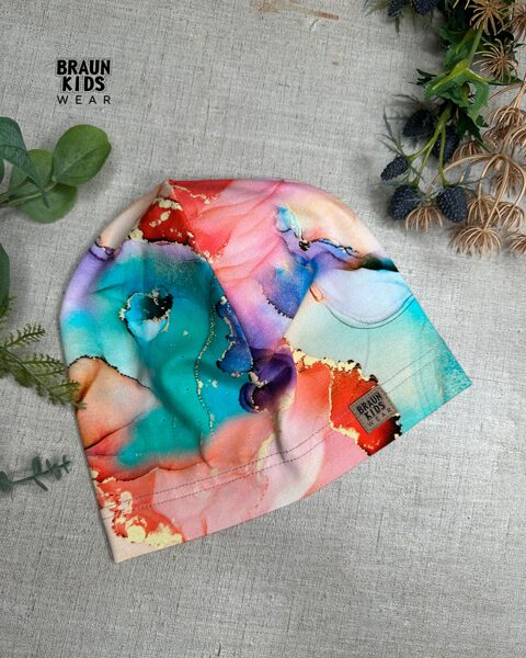 Plānais beanie (kokvilnas trikotāža vienā kārtā) - rozīgs un zils akvarelis 50.izm