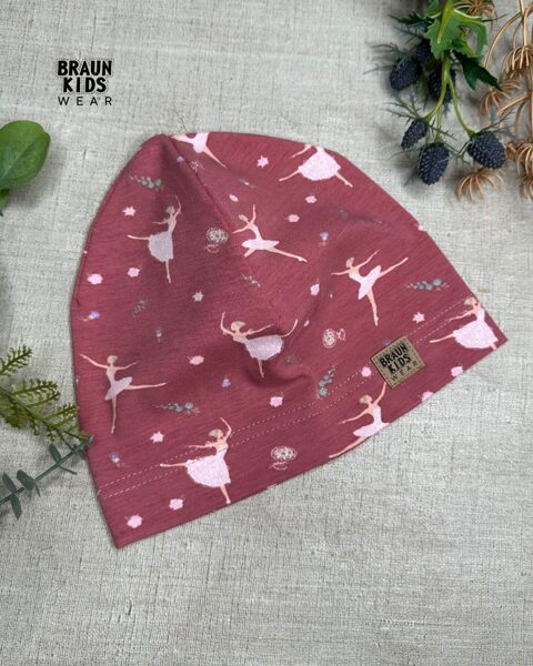 Plānais beanie (kokvilnas trikotāža vienā kārtā) - balerīnas uz tumšāk veci rozā 48.izm