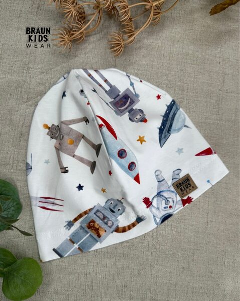 Plānais beanie (kokvilnas trikotāža vienā kārtā) - roboti un kosmonauti 52izm