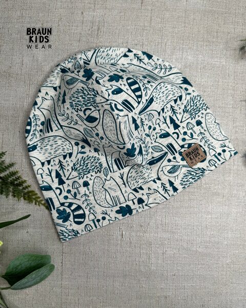 Plānais beanie (kokvilnas trikotāža vienā kārtā) - petrol meža zvēri uz pēlēka melanža 50izm