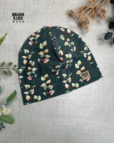 Plānais beanie (kokvilnas trikotāža vienā kārtā) - lapiņas uz dūmakaini zaļa 50.izm