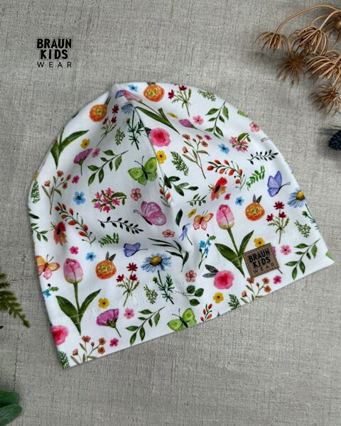 Plānais beanie (kokvilnas trikotāža vienā kārtā) - mazie ziediņi 48izm