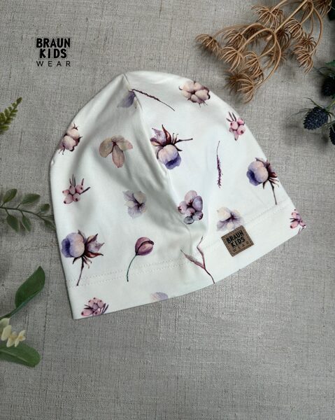 Plānais beanie (kokvilnas trikotāža vienā kārtā) - violeti ziedi uz balta 50.izm