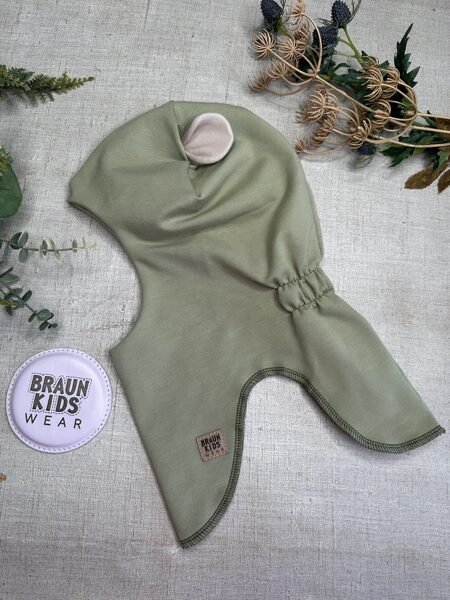 Starpsezonas ķivercepure ar lāča austiņām - Olīvu ar bēšu oderi