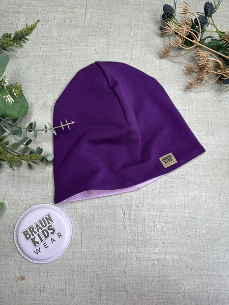 Starpsezonas beanie cepure -  Tumši violeta ar rozā oderi 54-56.izm