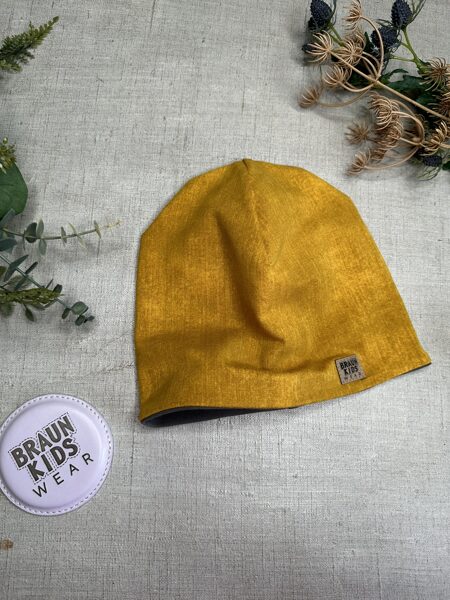 Starpsezonas beanie cepure -  okera melanža ar pelēku oderi 52-54.izm